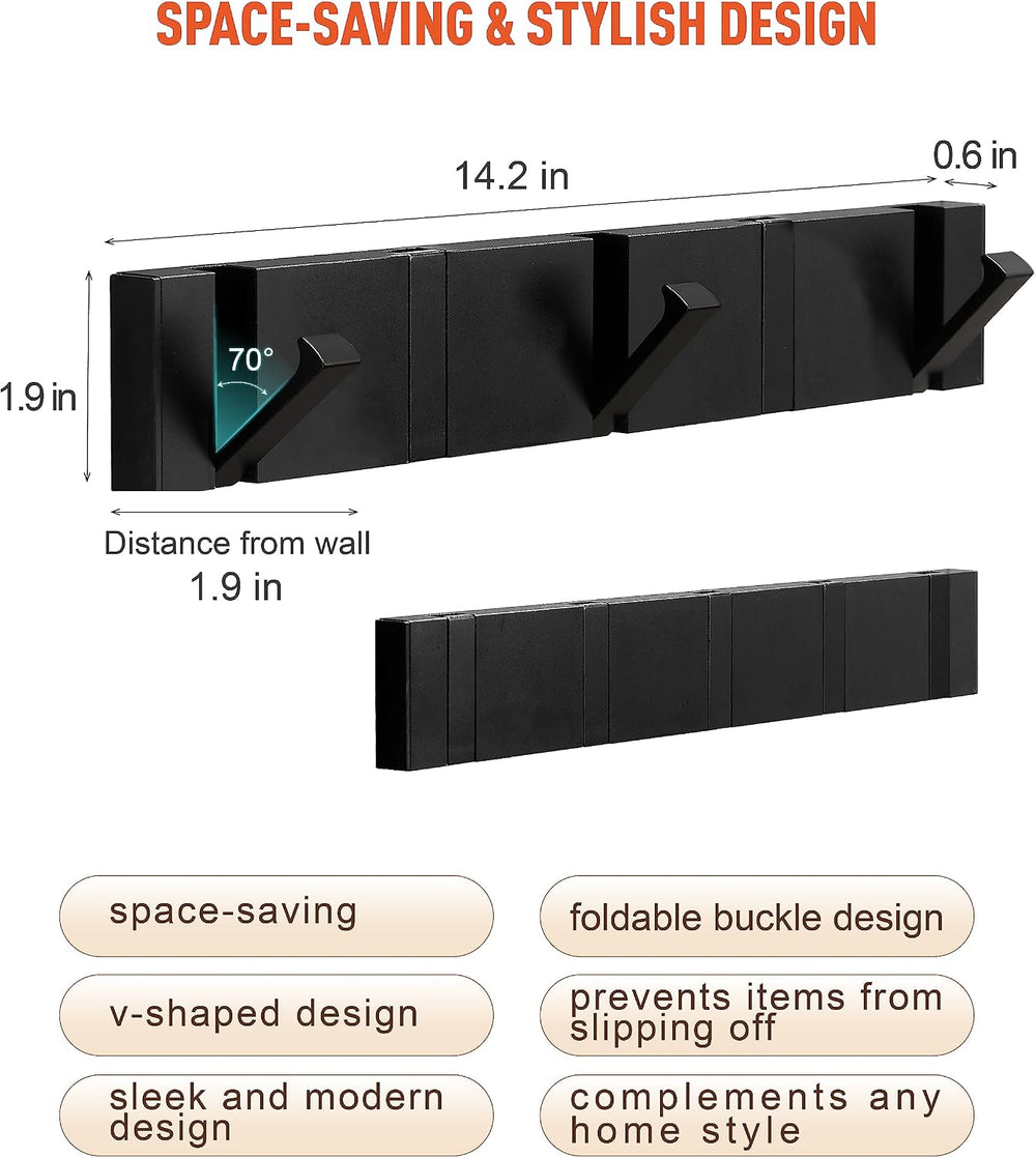 Waterproof Black Wall Hooks - 2 Pack Modern Foldable Towel Hooks for Bathroom...