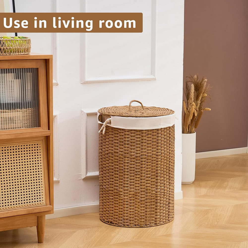 Round Wicker Laundry Hamper with Lid Handwoven Rattan Basket with Handles for...