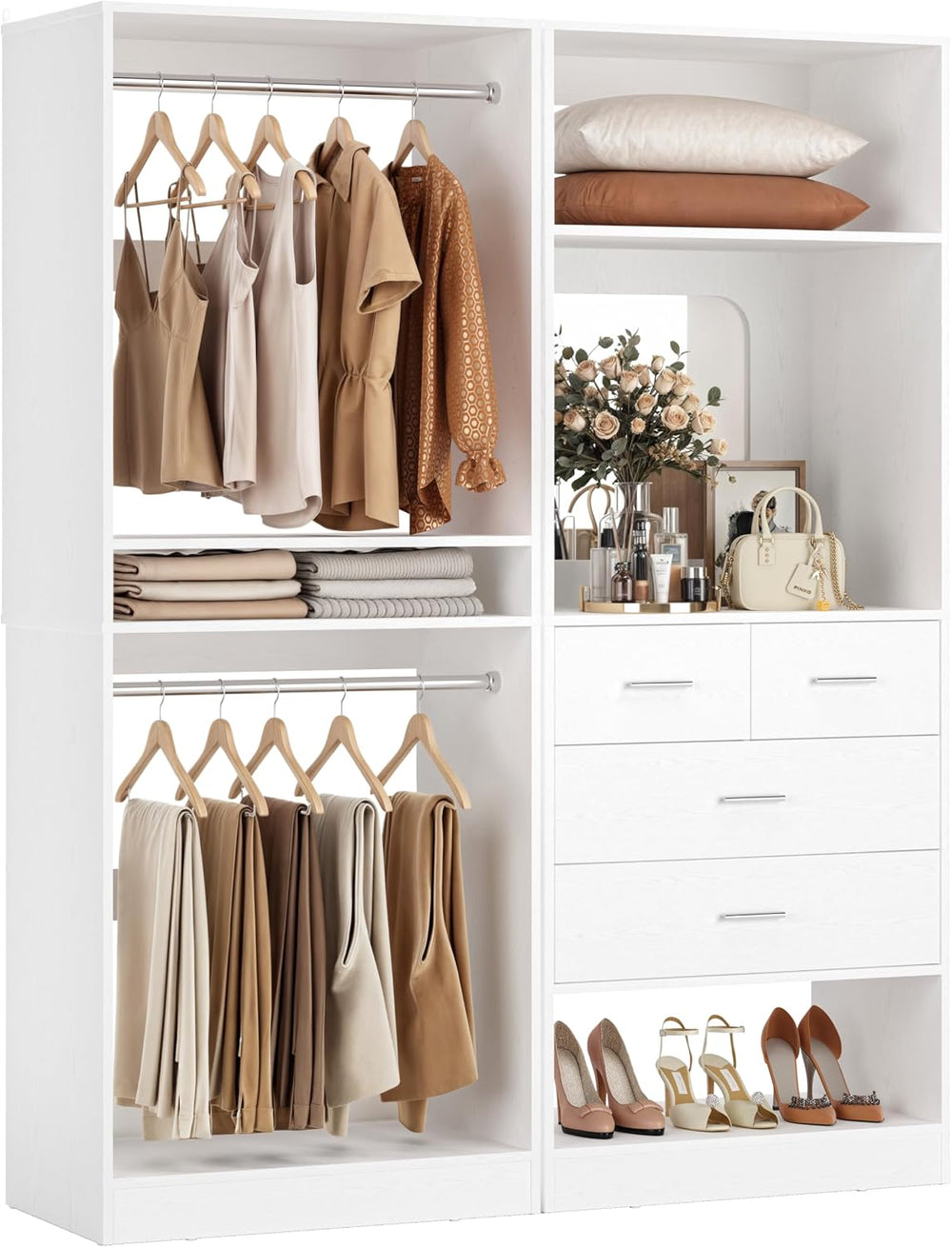 Unikito 50” Closet System with 4 Drawers, 4.2FT Wood Closet Organizer with Ha...