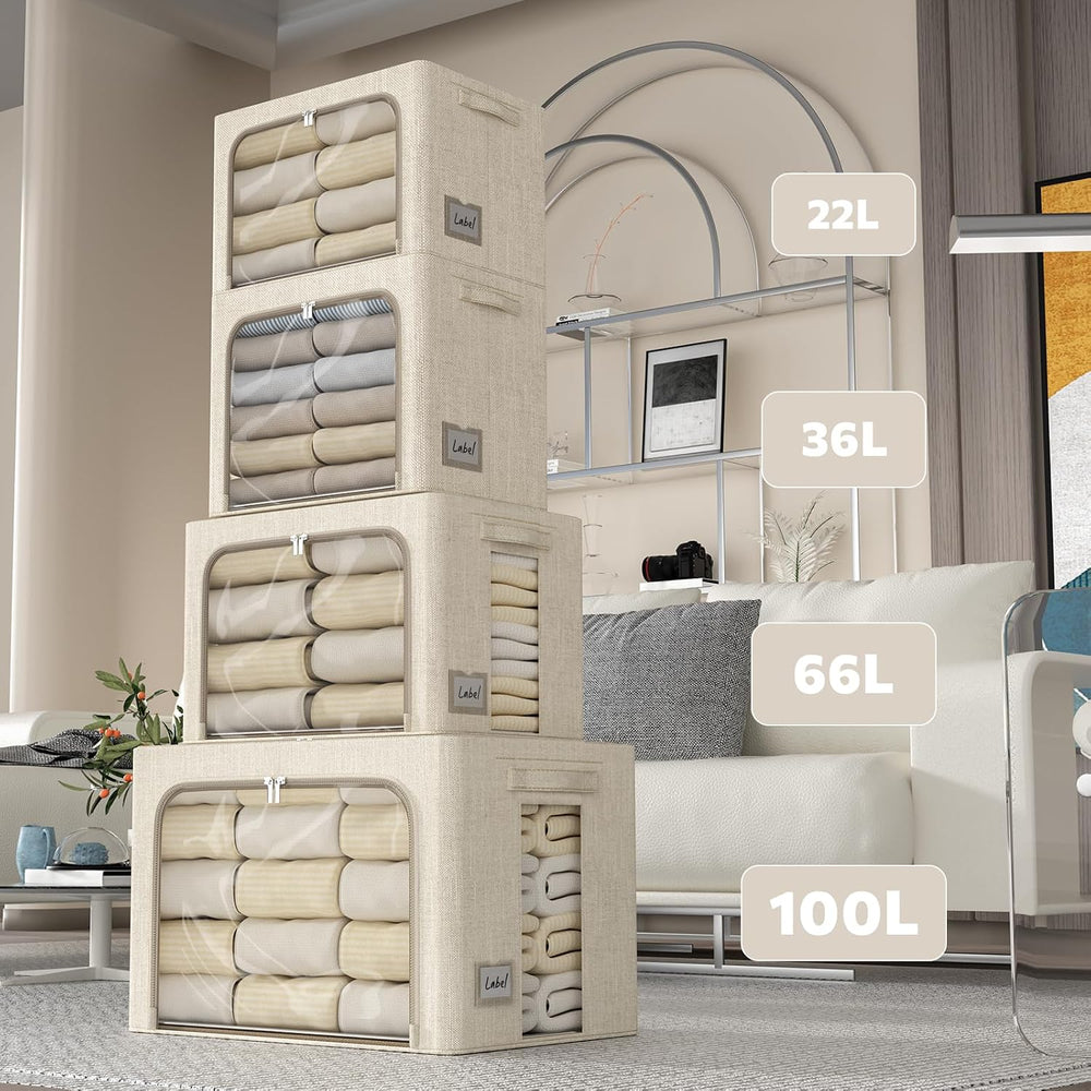 FHSQX 6 Pack Clothes Storage Bins with Metal Frame,Beige, 22L