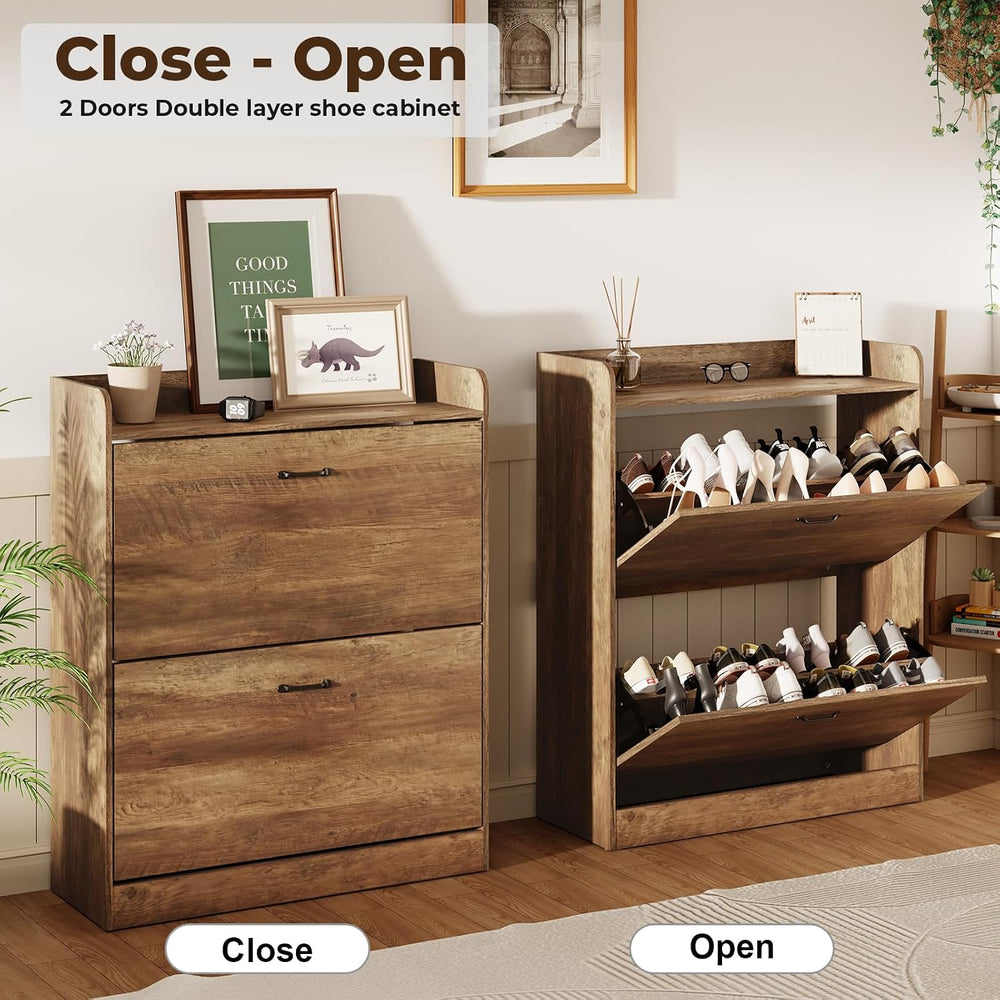 HOMMPA Farmhouse Shoe Storage Cabinet with 2 Flip Drawers, Freestanding Shoe ...