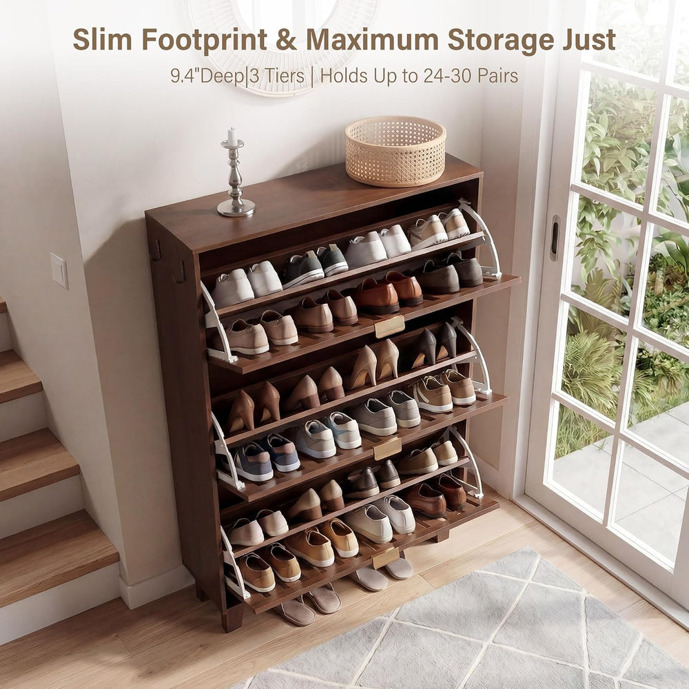 Shoe Cabinet with 3 Flip Drawers for Entryway, Walnut