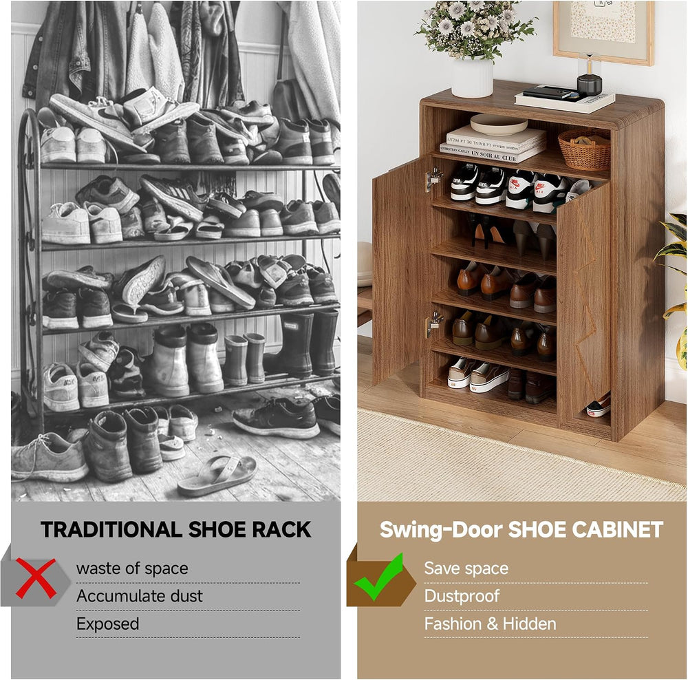 6-Tier Shoe Cabinet with 2 Doors, 47.2" Tall Walnut Shoe Storage Cabinet