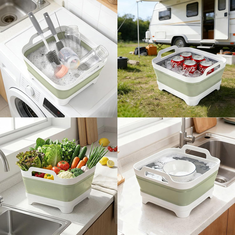 Collapsible Wash Basin with Drain Plug & Lid, Foldable Sink, Green