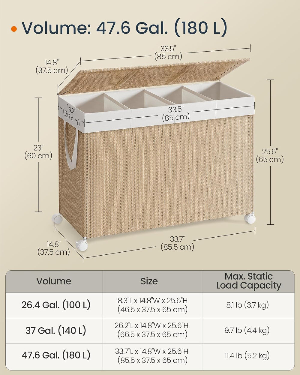 SONGMICS HOME Laundry Hamper with 4 Section, 180 L, Rattan, with Wheels