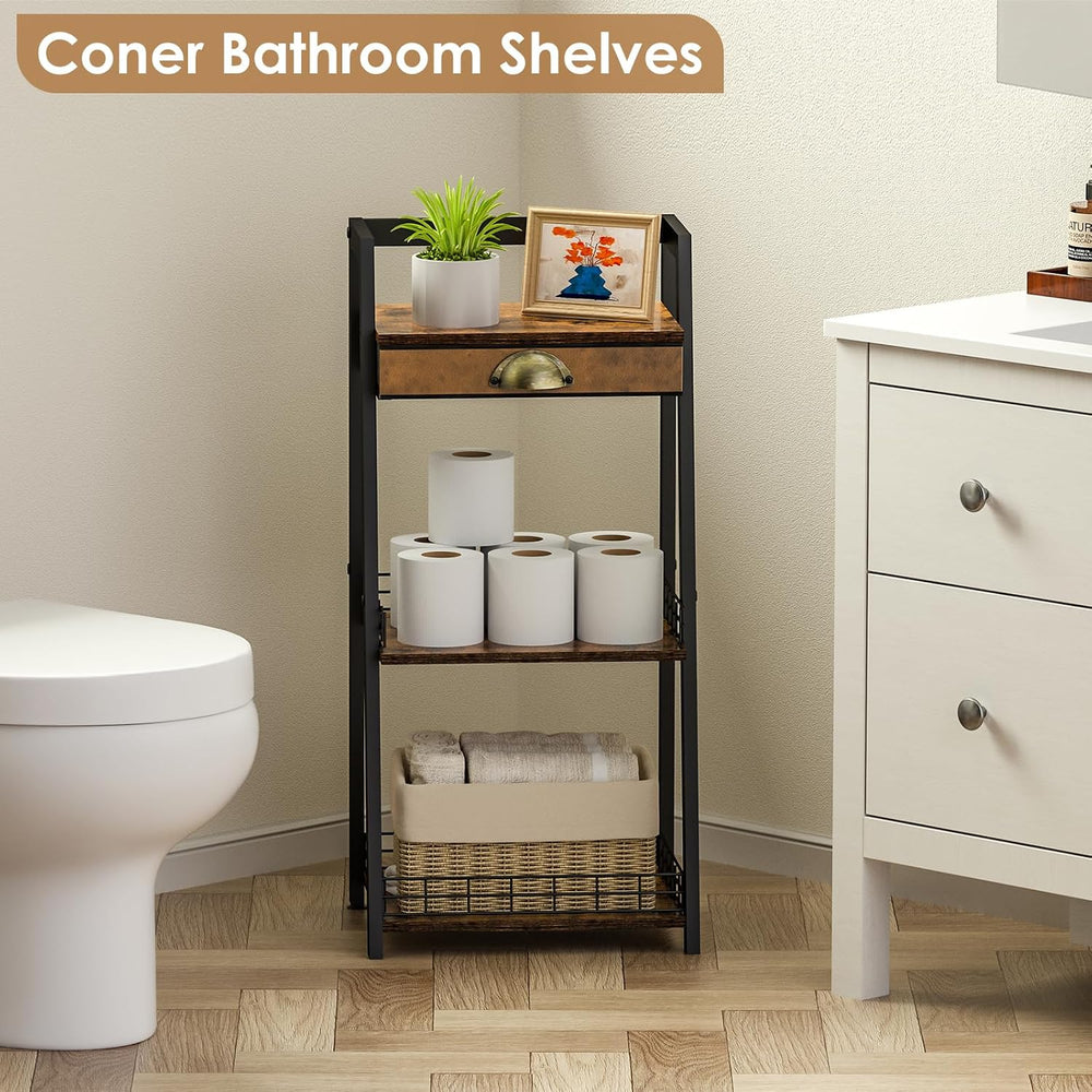 keomaisyto 3-Tier Bathroom Shelves with Canvas Drawer, Floor Bathroom Storage...