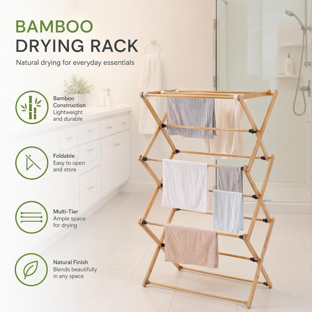 Bamboo Clothes Drying Rack, 3-Tier Tall Laundry Drying Rack