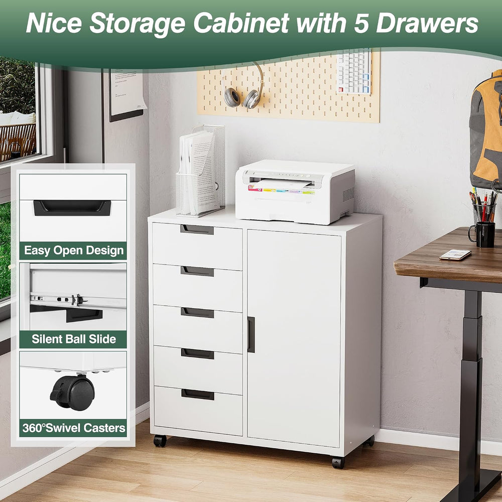 MIIIKO 5 Drawer Storage Cabinet with Door and Shelf, Mobile Lateral Cabinet o...