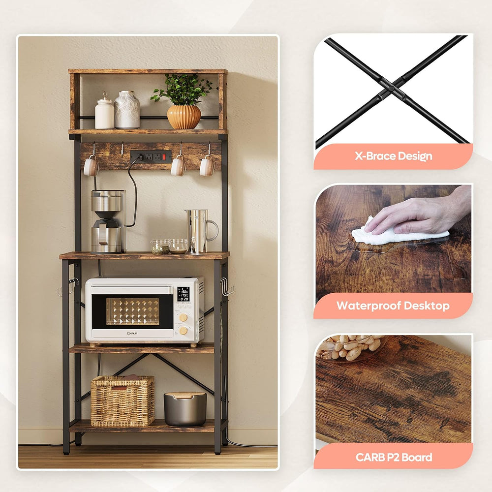 Bestier Bakers Rack with Power Outlets & Microwave Stand, Rustic Brown