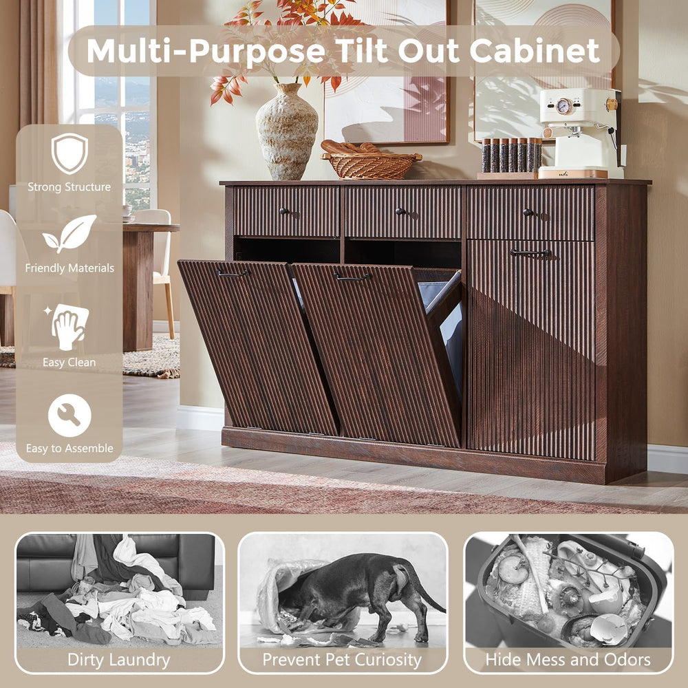 IFBUY Triple Tilt Out Laundry Hamper Cabinet, Trash Can Cabinet, Brown