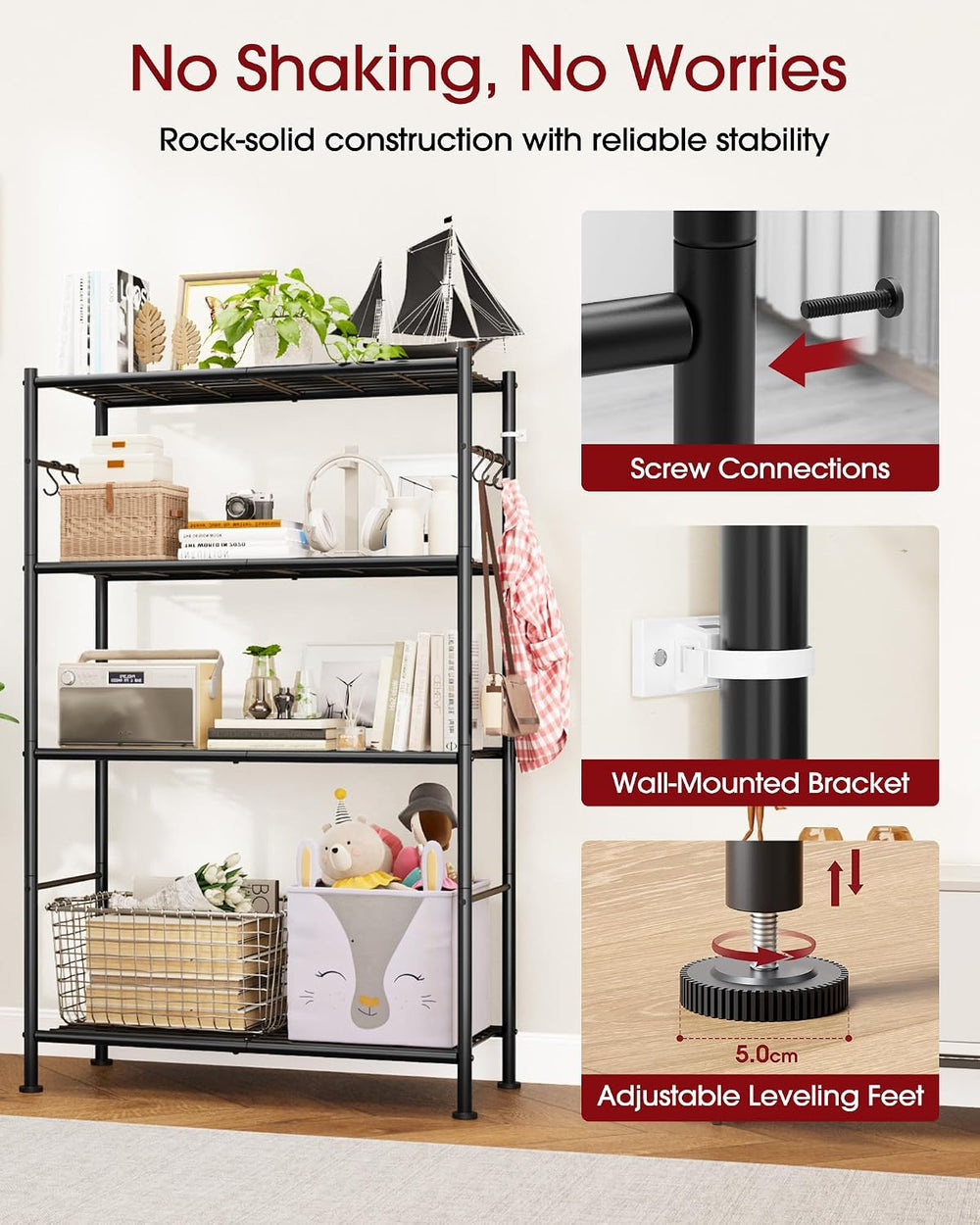 Sakugi 4-Tier Storage Shelves with 6 Hooks, 33.2" x 12.7" x 57.3&qu...