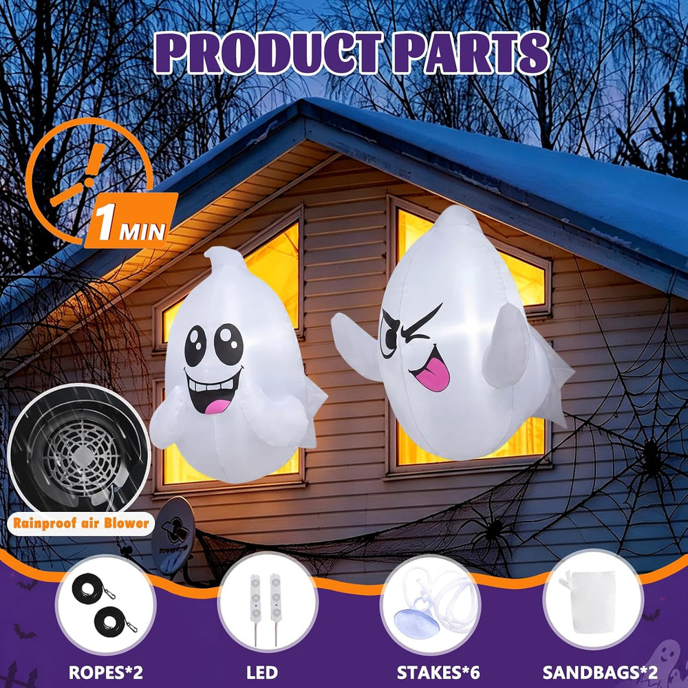 2 Pack 2.6 FT Halloween Inflatables Window Ghosts with Built-in LED Lights