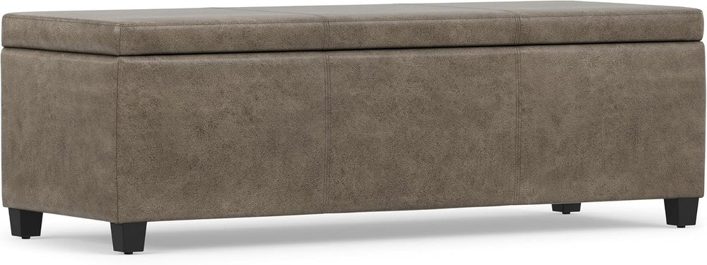 SIMPLIHOME Avalon 48" Wide Vegan Leather Storage Ottoman in Grey Brown