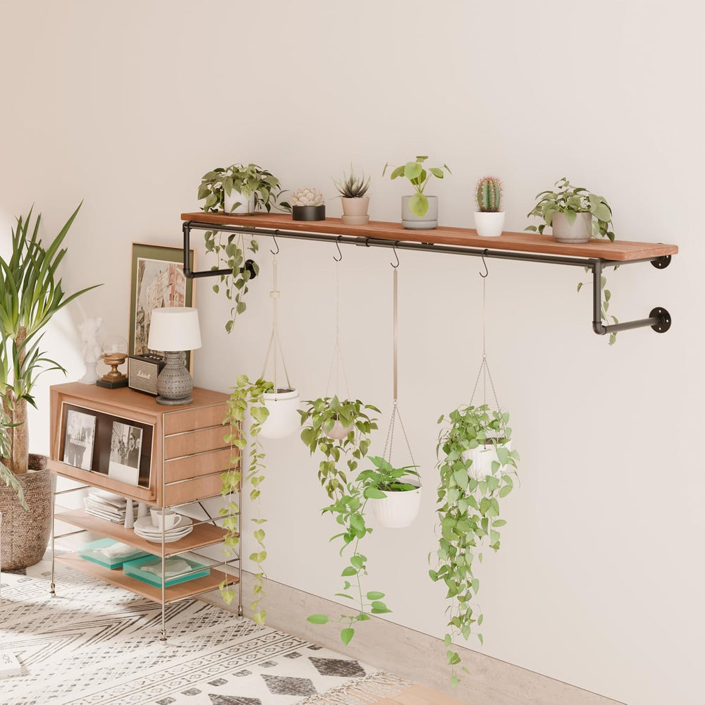 Clothes Rack 70in, Wall Mounted Garment Racks with Real Brown Wood Shelf, Hea...