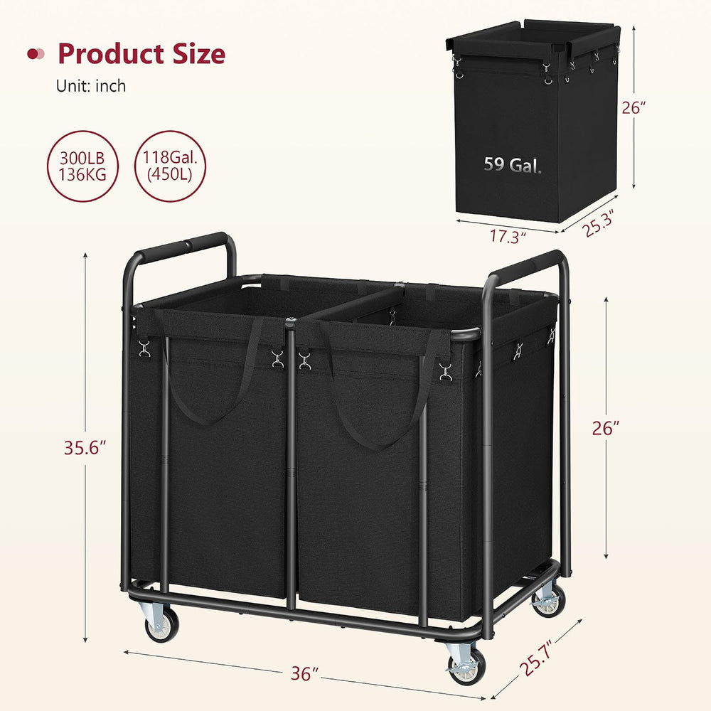Tajsoon 2-Section Heavy Duty Laundry Sorter Cart with Wheels 450L, Black