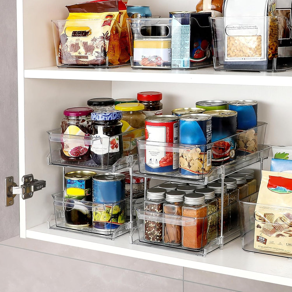 2 Set, 2 Tier Clear Organizer with Dividers for Cabinet, Shlef, Counter - Mul...