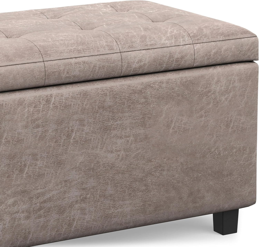 SIMPLIHOME Cosmopolitan 34" Wide Vegan Leather Storage Ottoman in Grey