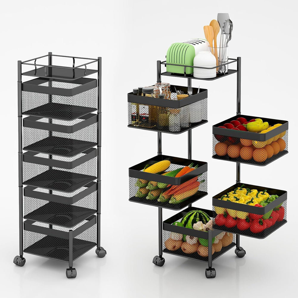 Fruit and Vegetable Basket for Kitchen No Assembly, Rotating Storage Rack,Bat...