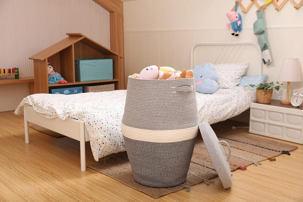 26"x20" Extra Large Tall Woven Laundry Basket with Lid, Cotton Rope...