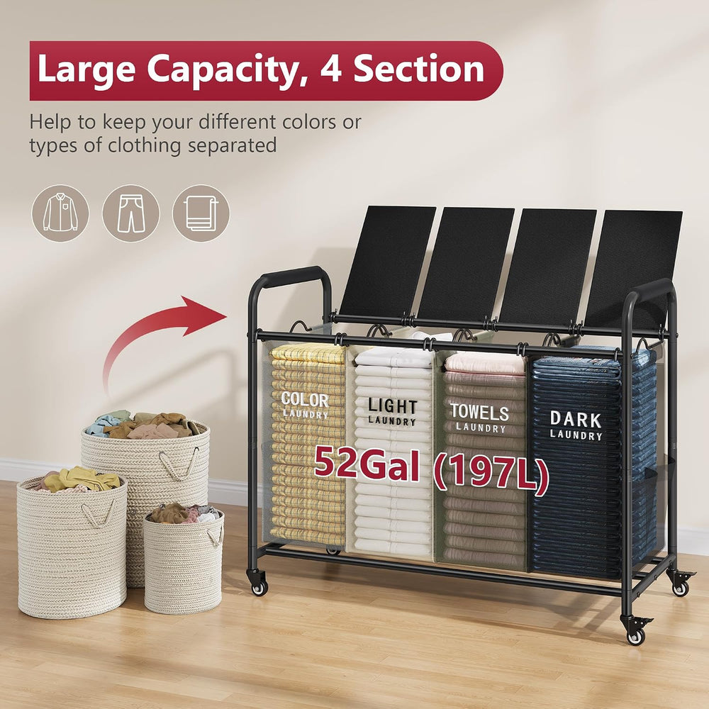 Tajsoon Laundry Sorter 4 Section, Laundry Hamper with Wheels and Lid, 197L
