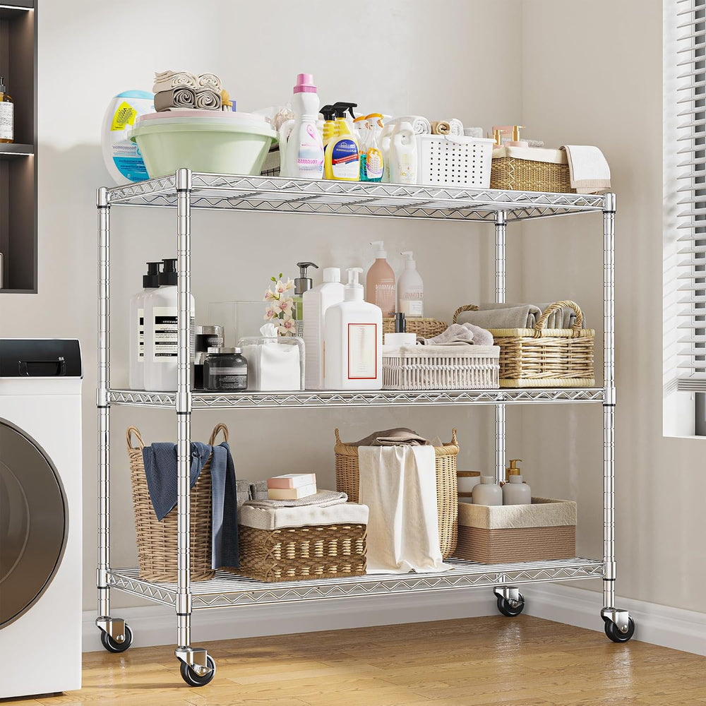 DurayLoly 45" W 3-Tier Metal Shelf on Wheels,450lbs,Kitchen, Laundry,Garage