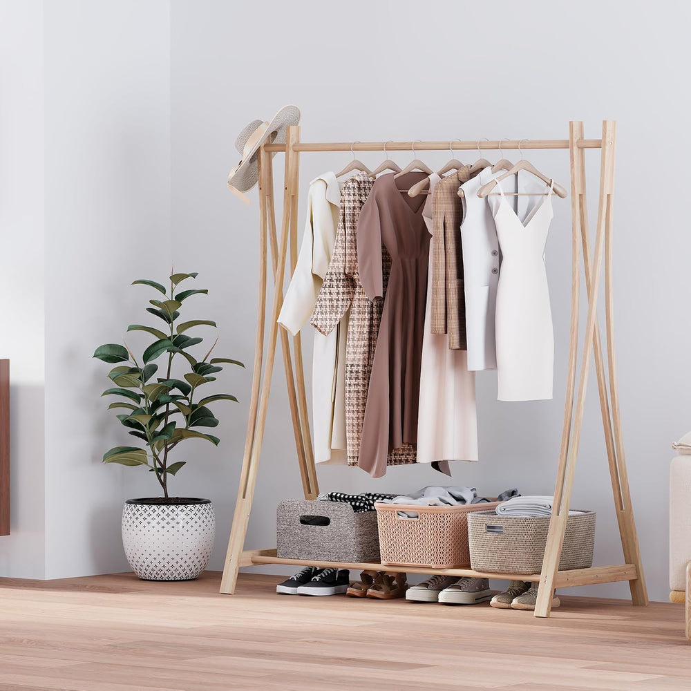 Wooden Retail Display Hanging Clothes Rack with Storage Shelf, 52" W x 5...