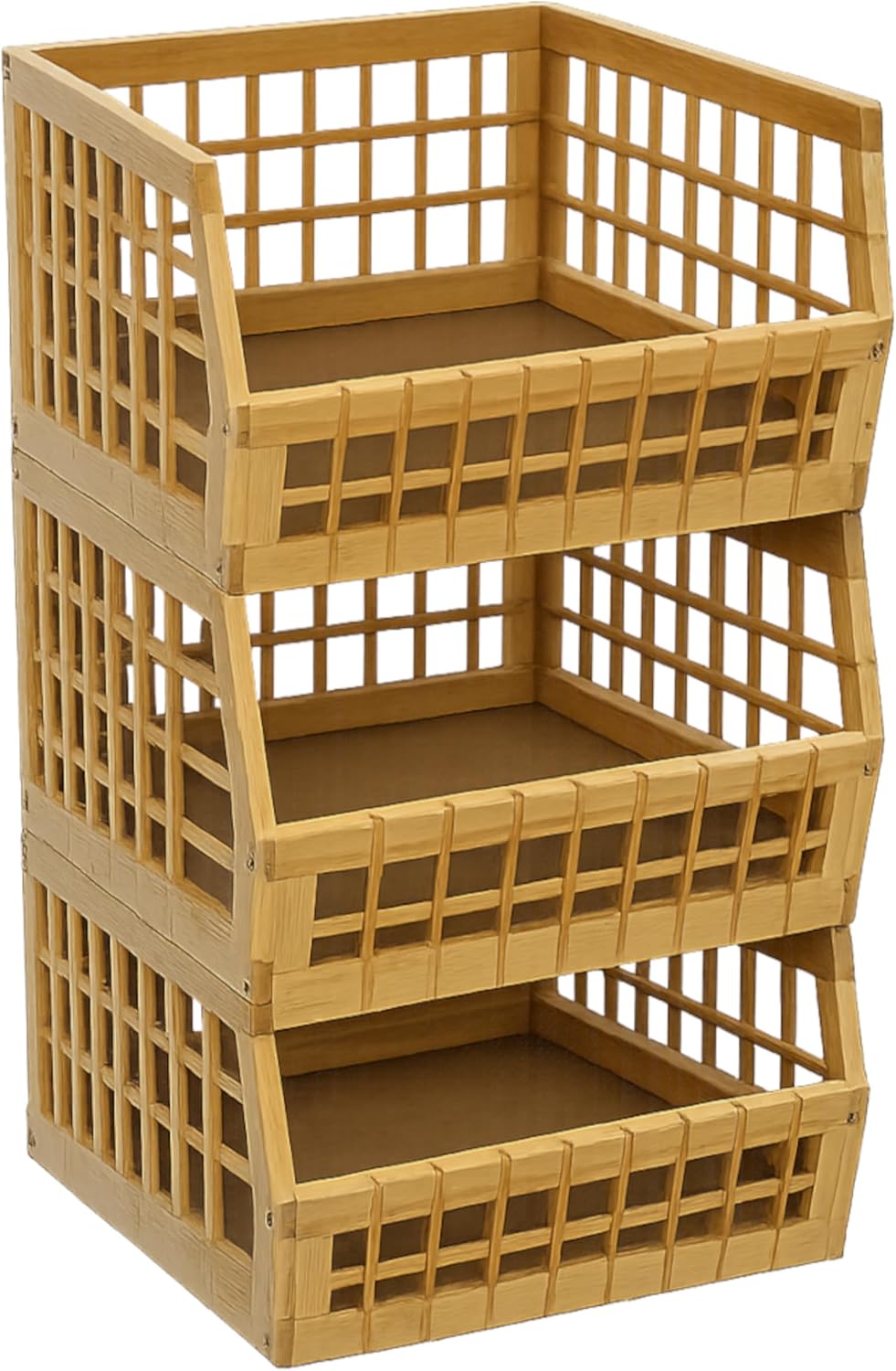 Bamboo Stackable, Open Front, Large Storage Bins - Lattice Design Set of 3
