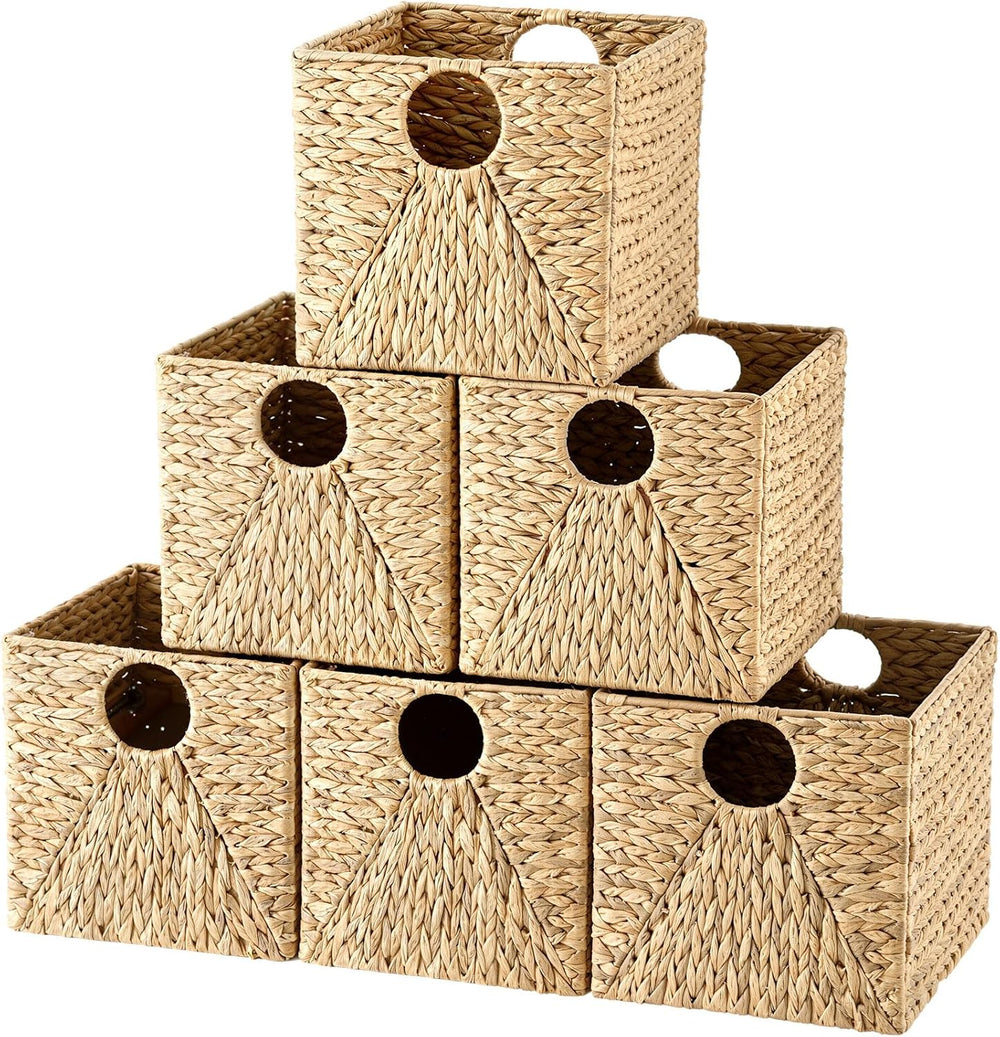 Jinei 6 Pcs Water Hyacinth Storage Baskets 12"x12"x12" Wood Color