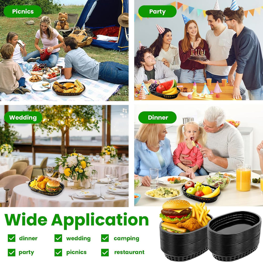 60 Pack Fast Food Baskets, 10.5 x 7 Inch Black Plastic Basket Restaurant Tray...