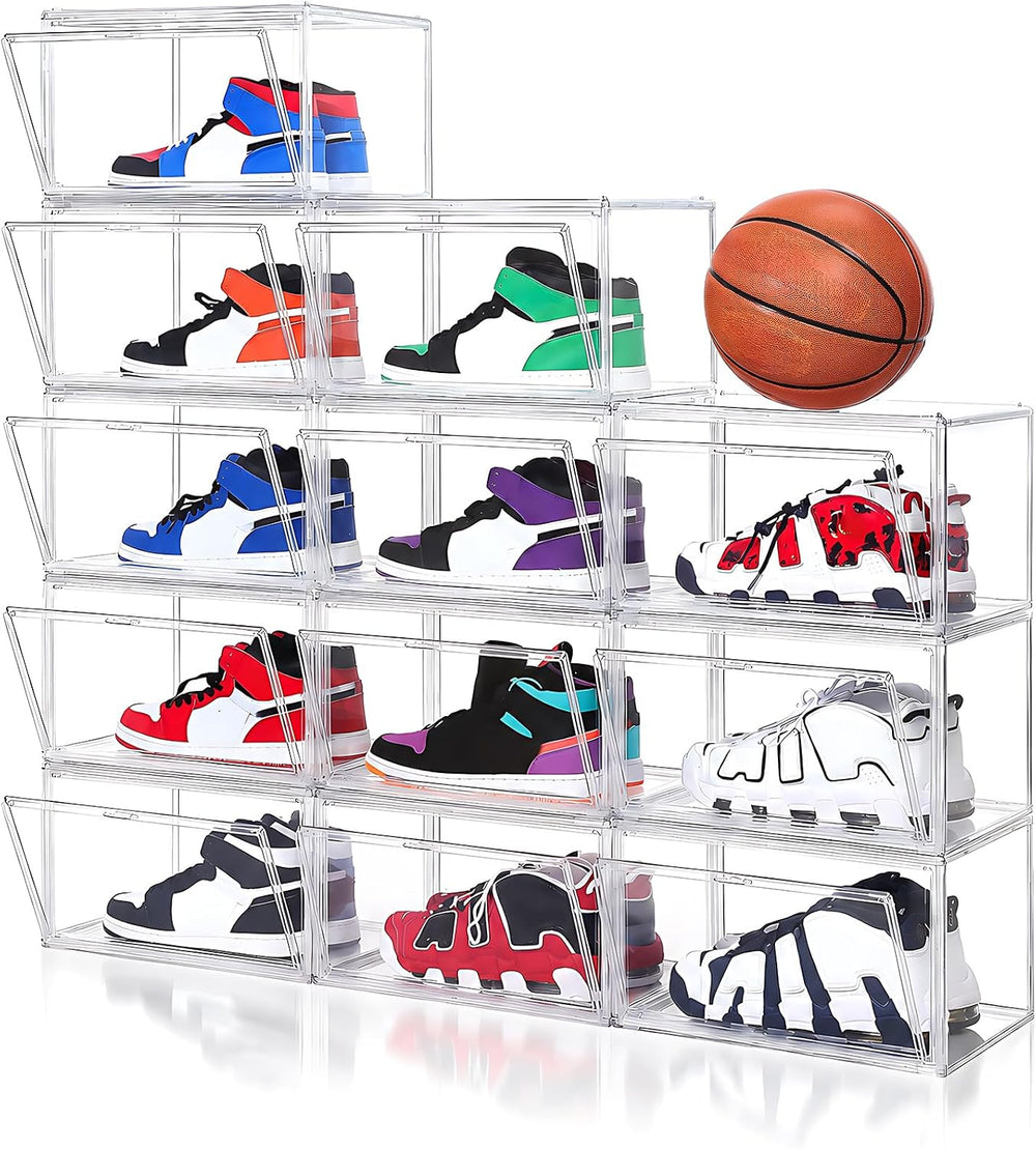 BVBOX 12 Pack Acrylic Shoe Storage Boxes with Magnetic Door - 360° Clear Stac...