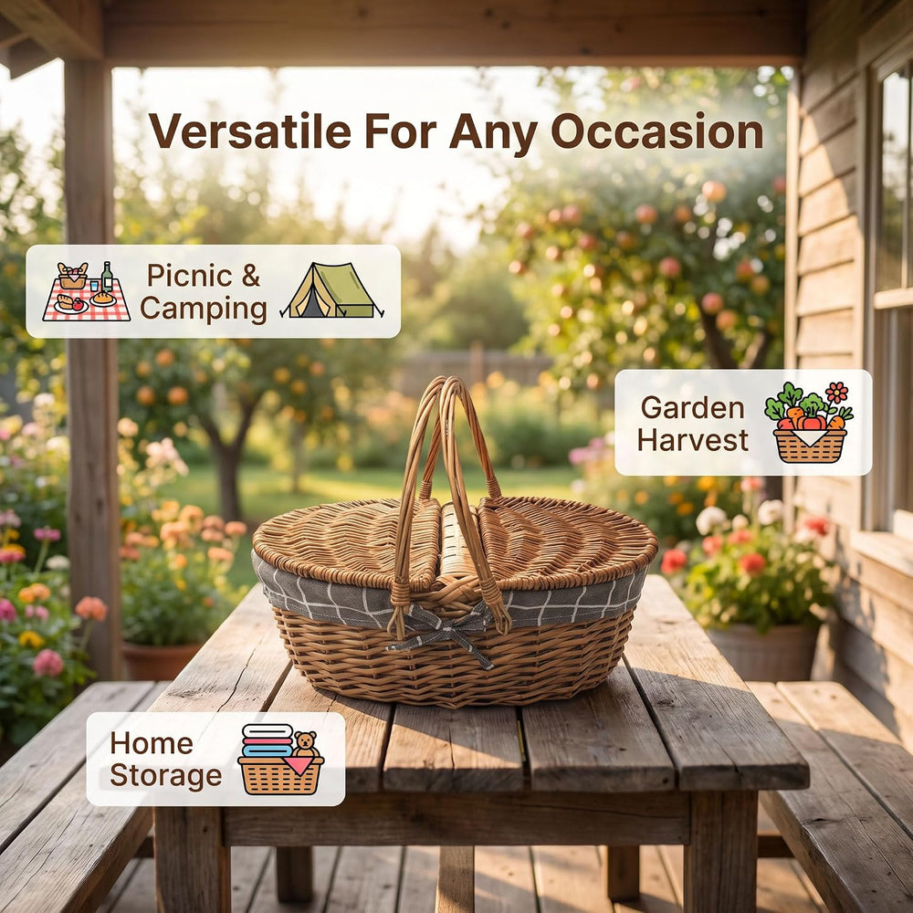 Picnic Wicker Basket with & Handles for Outdoor Camping, Grey