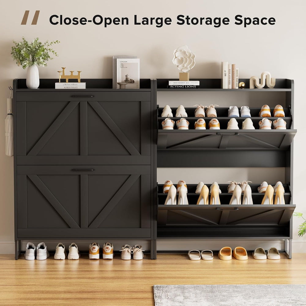 EOYUTLLY Shoe Cabinet for Entryway with 2 Flip Drawers,Narrow Wooden Shoe Sto...