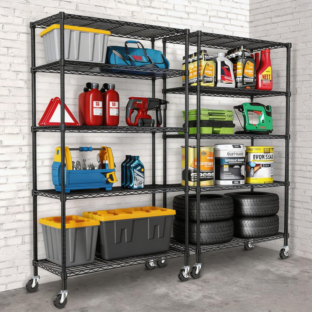 5 Tier Wire Metal Shelving Rack Garage Storage Rolling Shelves with Wheels
