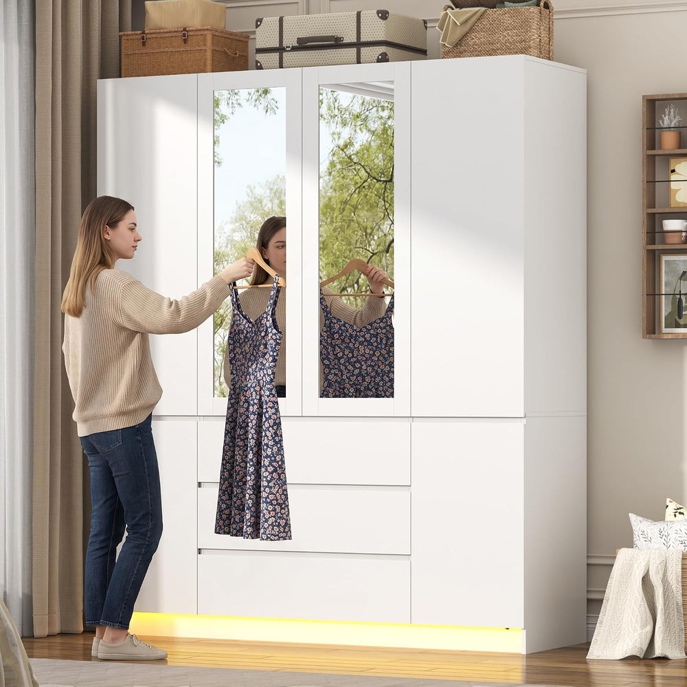 4 Doors Armoire Wooden Wardrobe Closet with 3 Drawers & 2 Mirror, 75"...
