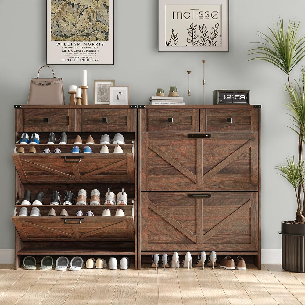 Halitaa Shoe Cabinet with 2 Flip Drawers & 2 Drawers,Farmhouse Shoe Stora...