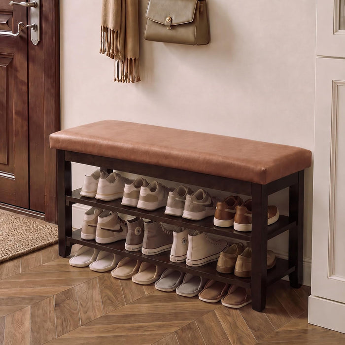 40" Solid Wood Shoe Storage Bench, 2 Tier Shoe Rack for Entryway