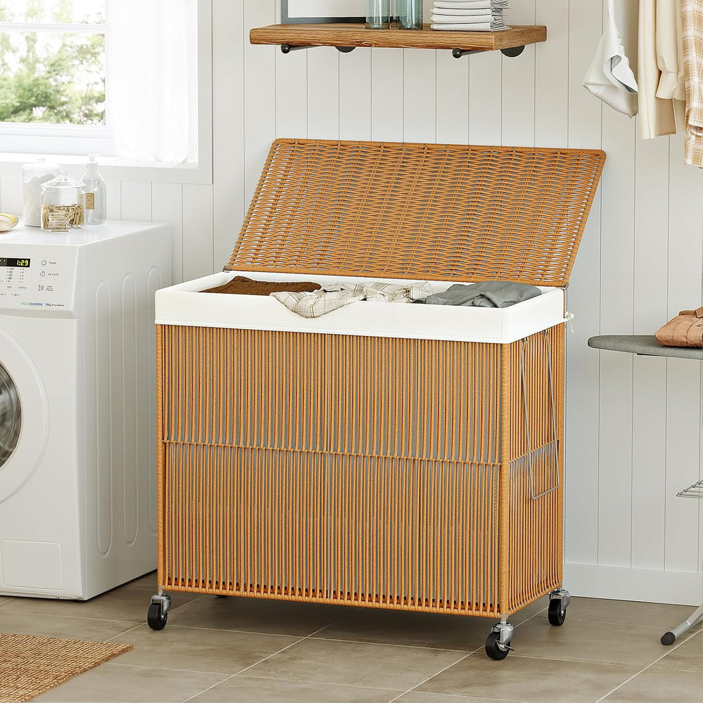 WOWLIVE Laundry Basket 3 Section, Handwoven Laundry Hamper with Wheels