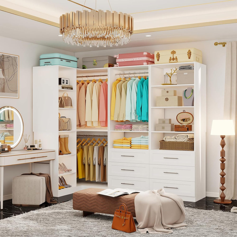 Fastgo Closet System with 3 Drawers, Corner Closet System with 5 Hanging Rods...