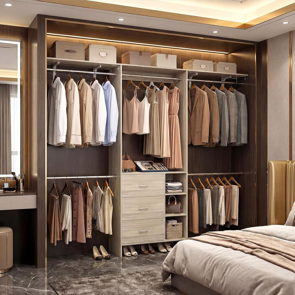 Aheaplus Closet System - 8FT Organizer with 3 Wooden Drawers, Fits 5.3-9 ft W...