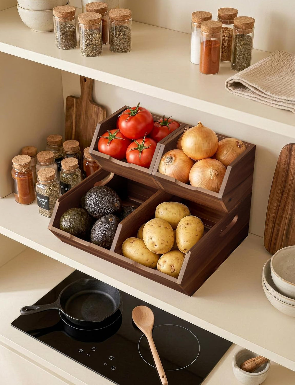 Tidita Wood Potato and Onion Storage Bin, Set of 3, Stackable, Walnut Color