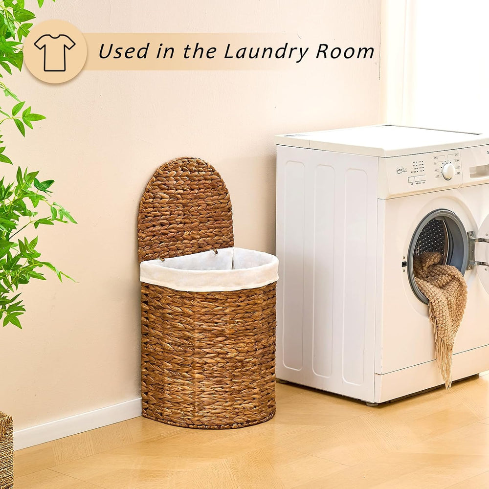 Water Hyacinth Laundry Hamper with lid, Half Moon Shape with 2 Removable Clot...
