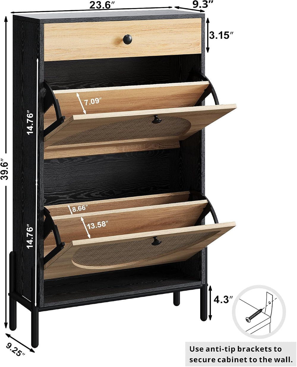 IRONCK Narrow Shoe Cabinet with 2 Flip Drawers and Rattan Doors, Black