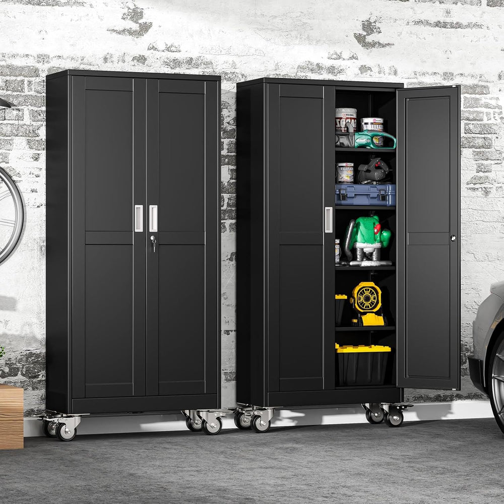 71" Metal Garage Storage Cabinet with Wheels and Locking Doors and Tall ...