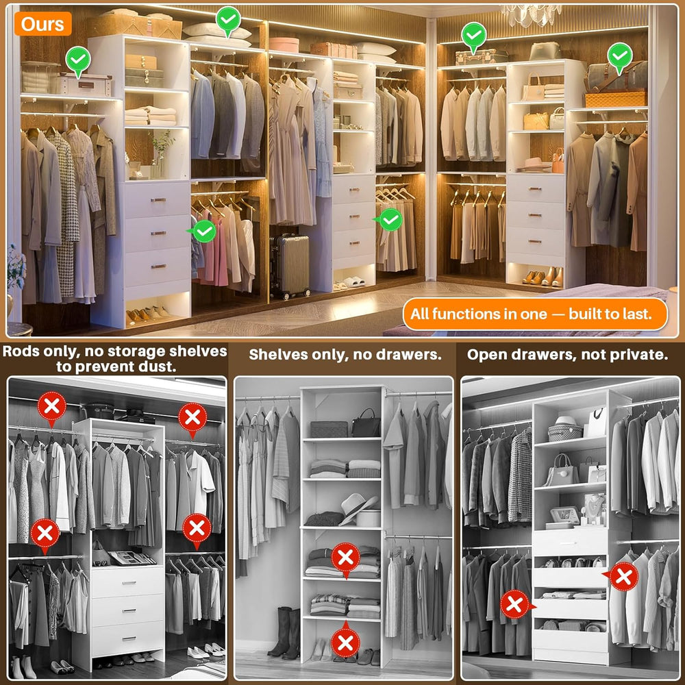 Armocity 96" Wood Closet System with 3 Enclosed Drawers & 3 Solid Sh...