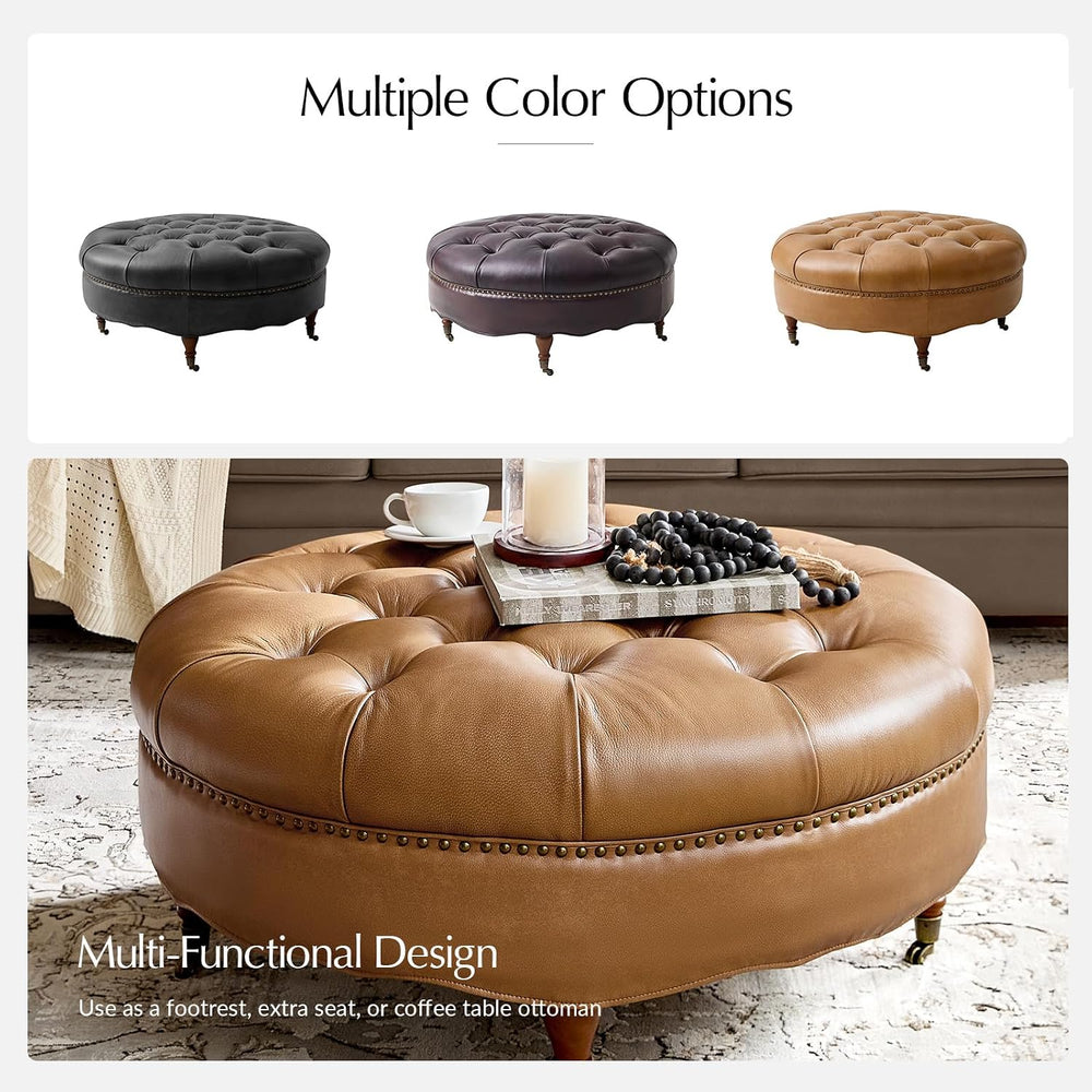 HULALA HOME 40" Genuine Leather Coffee Table with Rolling Wheels, Camel