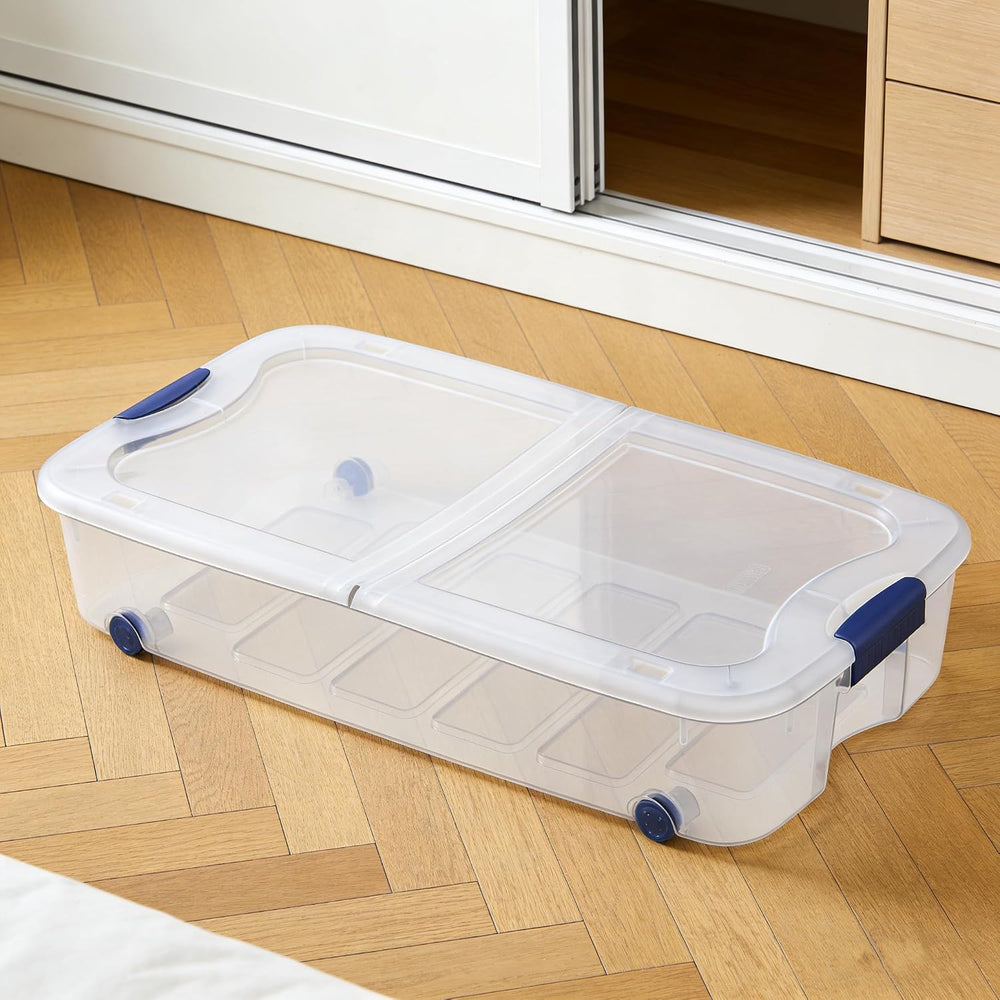 66 Quart Clear Plastic Underbed Storage Bin with Latching Lid and Wheels, Sta...