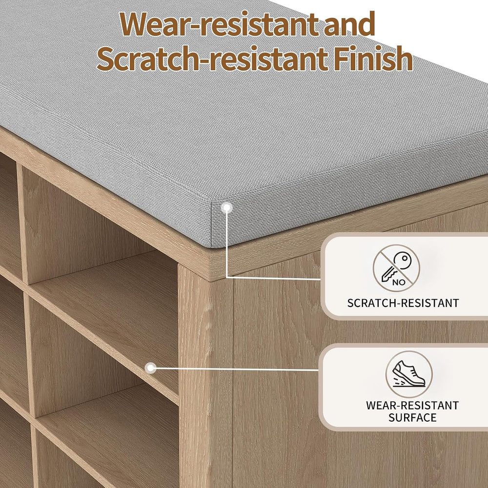 Shoe Rack Bench, Shoe Storage Bench with Cushion, Shoe Organizer 16 Cubbies f...