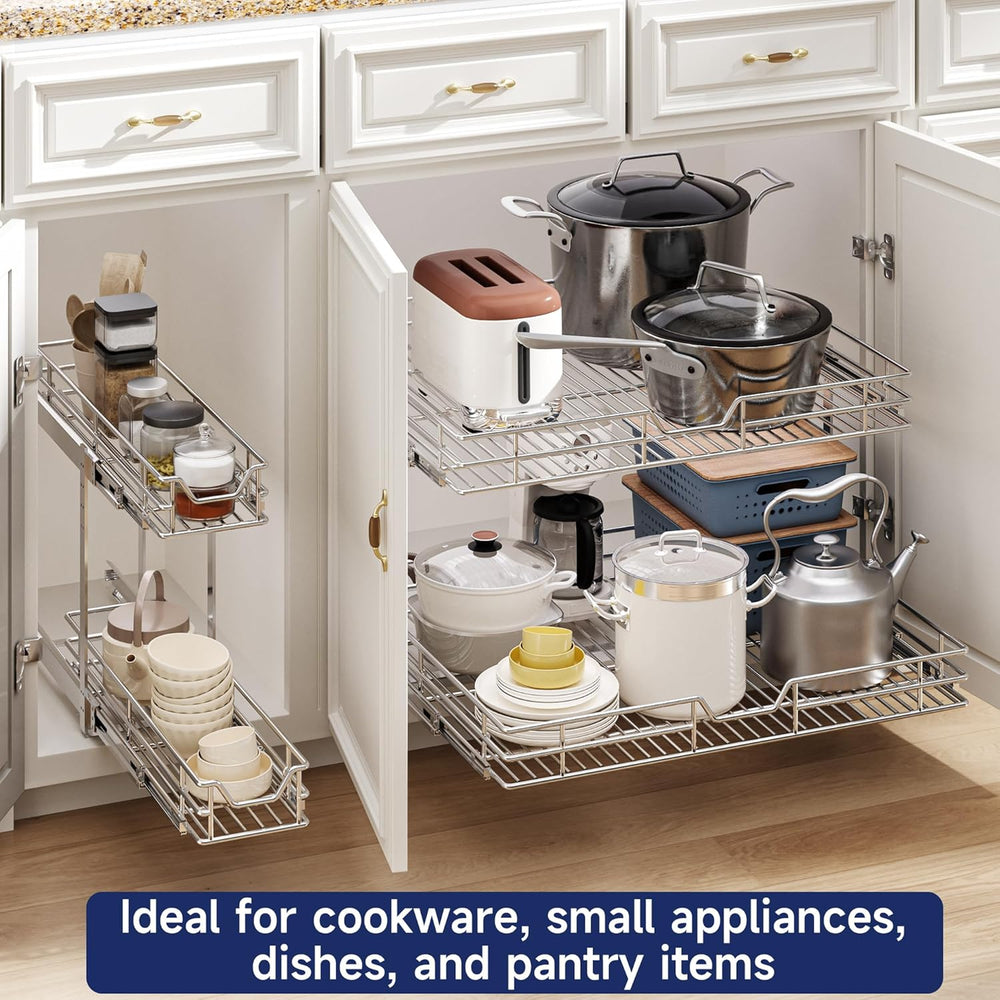 2-Tier Pull Out Cabinet Organizer, 16.5" W x 21.5" D, Heavy Duty Du...
