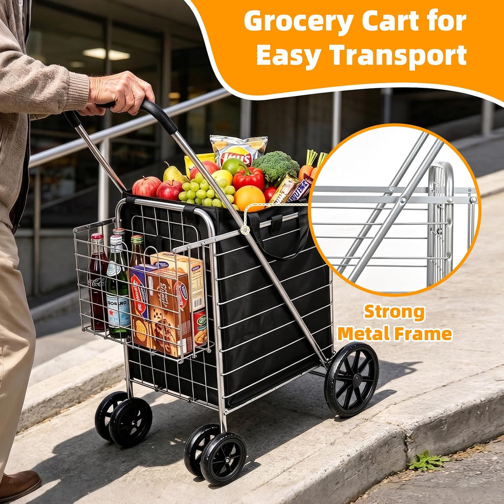 Folding Shopping Cart with Large Front Wheels, Grocery Cart with Waterproof L...
