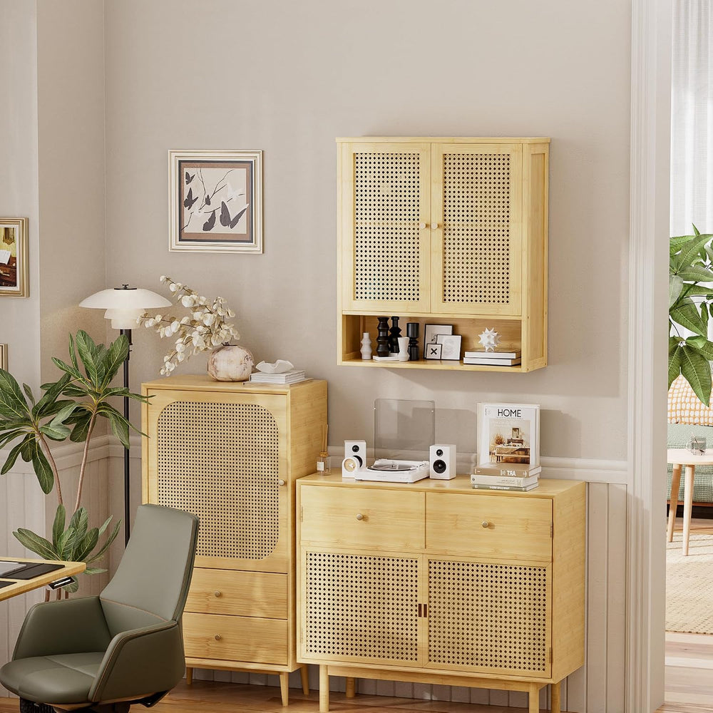 Bathroom Wall Cabinet, Bamboo Over-The-Toilet Storage Organizer with 2 Rattan...